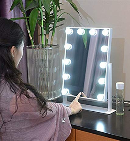 Large Makeup Mirror Touch Screen with 12 Big LED Bulbs Lighted Mirrors Adjustbale Brightness (White)