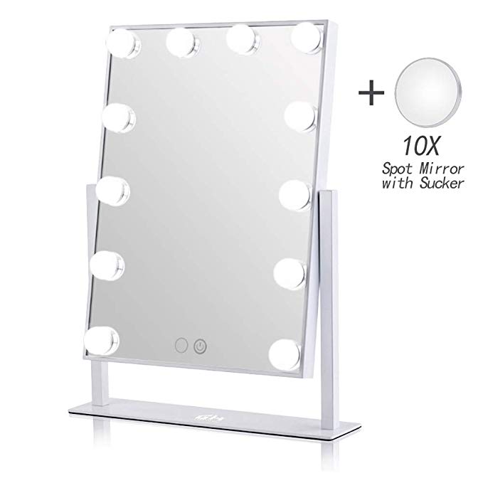 Geek-House Lighted Vanity Mirror Hollywood Style Makeup Tabletops, Large Cosmetic Mirror with 12 x 3W Super Bright Dimmable Touch Control LED Bulbs, White