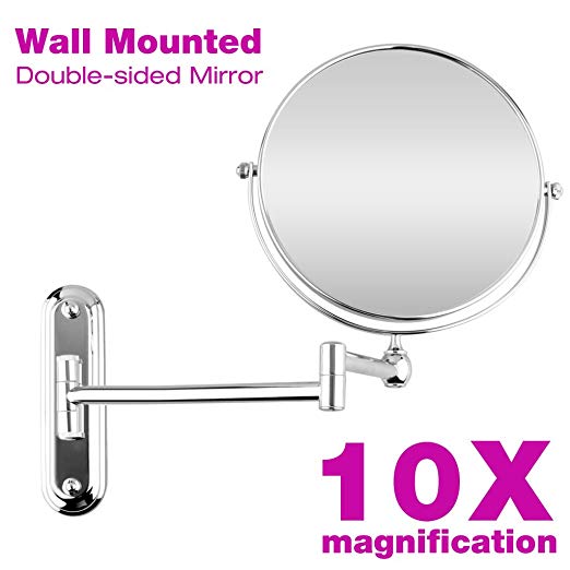 Excelvan 8 Inch Two-Sided Swivel Extension Wall Mountable Magnifying Makeup Mirror, 12 Inch Extension, Chrome Finished, (8 inch, 10X)
