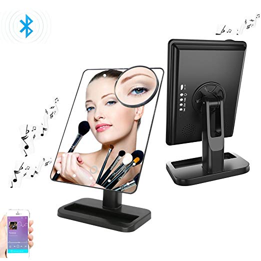 OMAYA Bluetooth Speaker Makeup Mirror- LED Touch Screen wireless Speaker Mirror, Hands Free Speakerphone Cosmetic Mirror, Adjustable Vanity Mirror With 20 LED Light And 10X Magnifier (black)