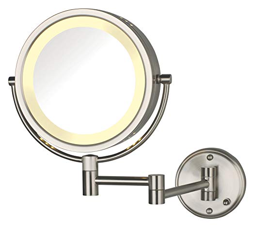 Jerdon HL75ND 8.5-Inch Lighted Direct Wire Wall Mount Makeup Mirror with 8x Magnification, Nickel Finish