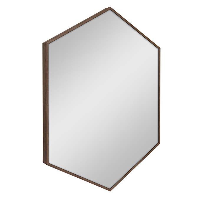 Kate and Laurel Rhodes Mid-Century Modern Hexagon Wall Mirror, Walnut Brown, 31x22-Inches