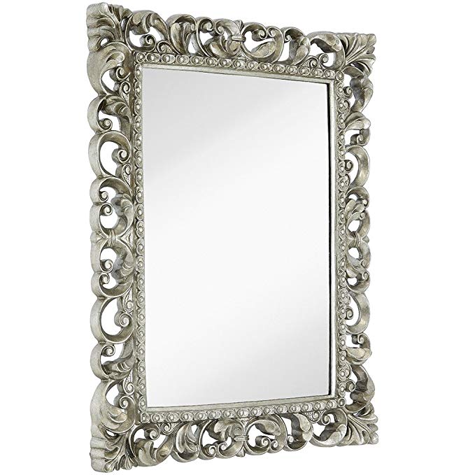Hamilton Hills Antique Silver Ornate Baroque Frame Mirror | Elegant Old World Feel Beveled Plate Glass Mirrored Design | Hangs Horizontal or Vertical (28.5