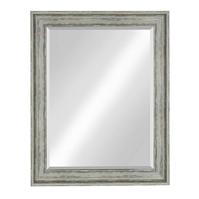Kate and Laurel McKinley Framed Wall Vanity Beveled Mirror, 22.5x28.5, Distressed Blue Green