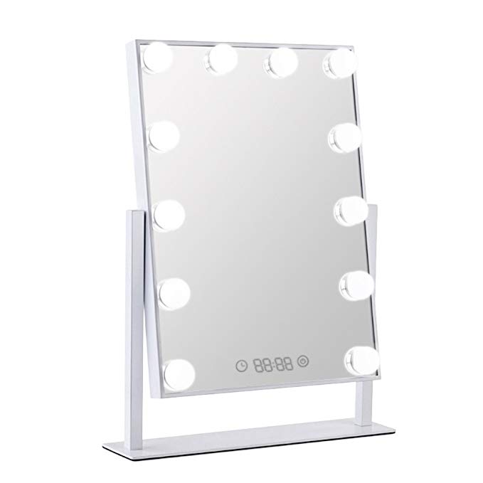 Orient Light LED Vanity Mirror Hollywood Style Makeup Tabletops, Large Cosmetic Mirror with 12 x 3W Super Bright Dimmable Touch Control Lighted Bulbs and Clock, White