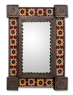 NOVICA Floral Tin and Ceramic Wall Mounted Mirror, Multicolor 'Country Charm'