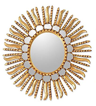 NOVICA Gold Sunburst Bronze Leaf Wood Framed Decorative Wall Mounted Mirror, Metallic 'Winter Sun'