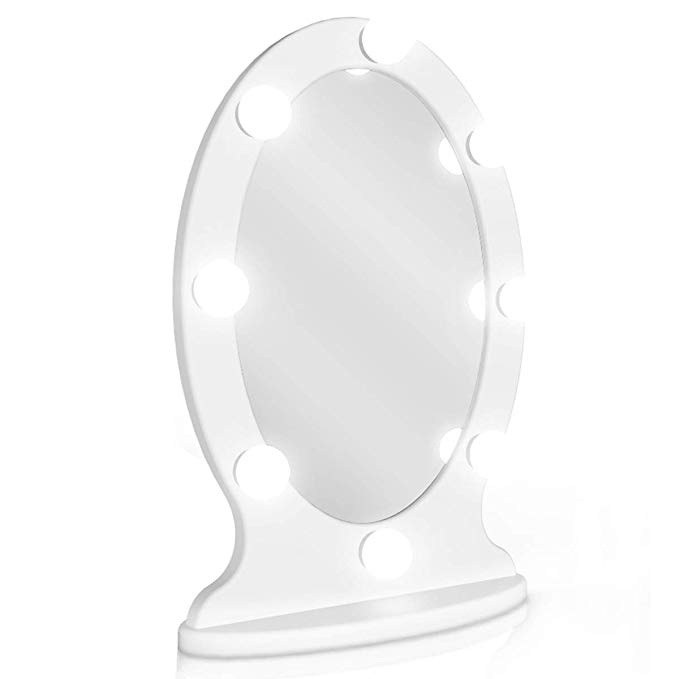 Lighted Vanity Mirror Hollywood Makeup Mirror with Lights, Light up Oval Table-Top Mirror Illuminated Cosmetic Mirrors with Stand for Dressing Desk, Dimmable LED Bulbs Touch Control, Plug-in, White