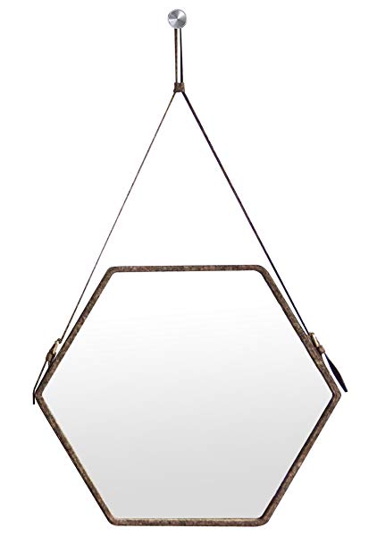 Ms.Box Real Cork Decorative Hanging Wall Mirror, Hexagonal Mirror with Adjustable Strap, Middle Size, Dark Cork Color