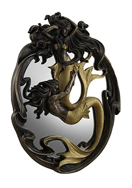 Resin And Glass Wall Mounted Mirrors Holding On Merman & Mermaid In A Fluid Embrace Bronze & Gold Finish Wall Mirror 7.5 X 10 X 0.5 Inches Bronze
