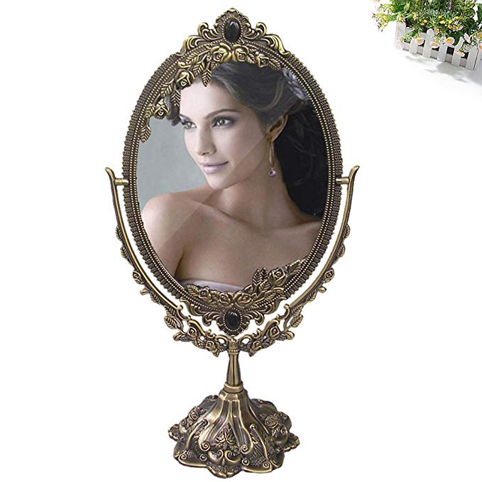 KINGFOM Antique Two Sided Swivel Oval Desktop Vanity Makeup Mirror with Embossed Roses and Mounted Beads for Home, Jewelry or Watches Cosmetics Showcase (Large, Bronze)