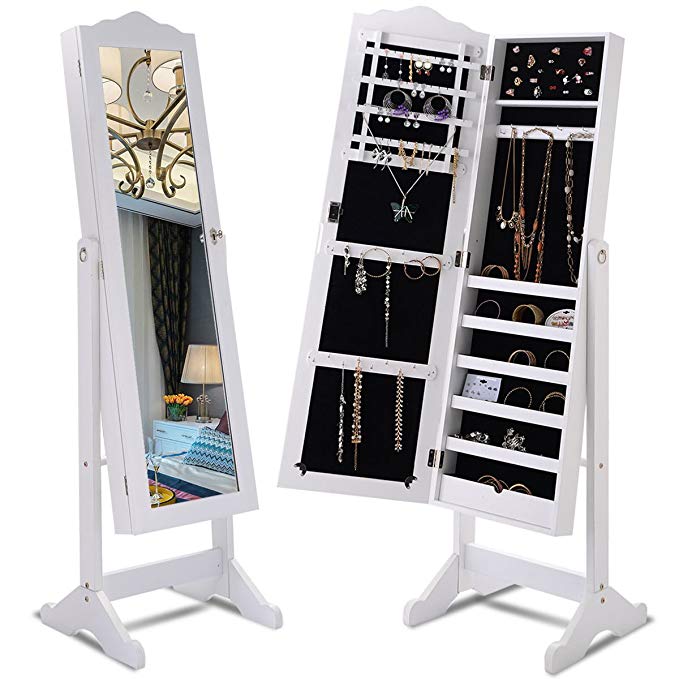 Giantex Lockable Mirrored Jewelry Cabinet Armoire Mirror Organizer Storage Box w/Stand (White)