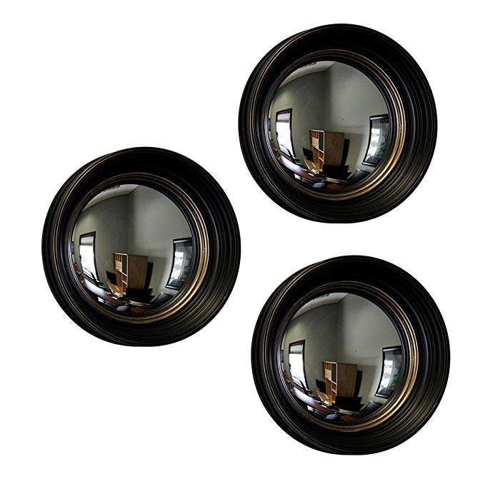 Zeckos Plastic Wall Mounted Mirrors Set of 3 Black and Gold Framed Convex Fish Eye Wall Mirrors 14 in. 14 X 14 X 2.75 Inches Black