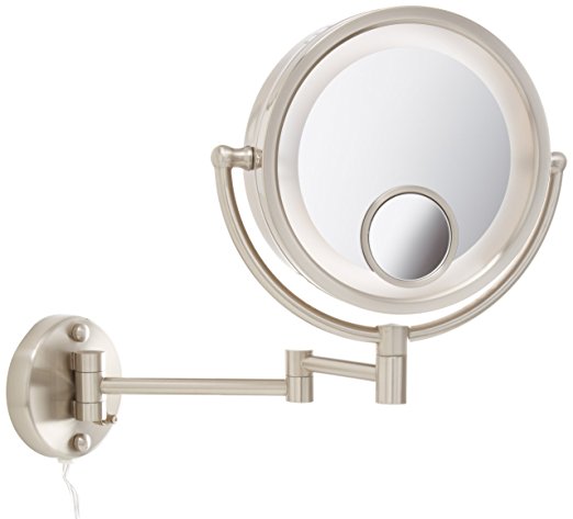 Jerdon HL8515N 8.5-Inch Lighted Wall Mount Makeup Mirror with 7x and 15x Magnification, Nickel Finish
