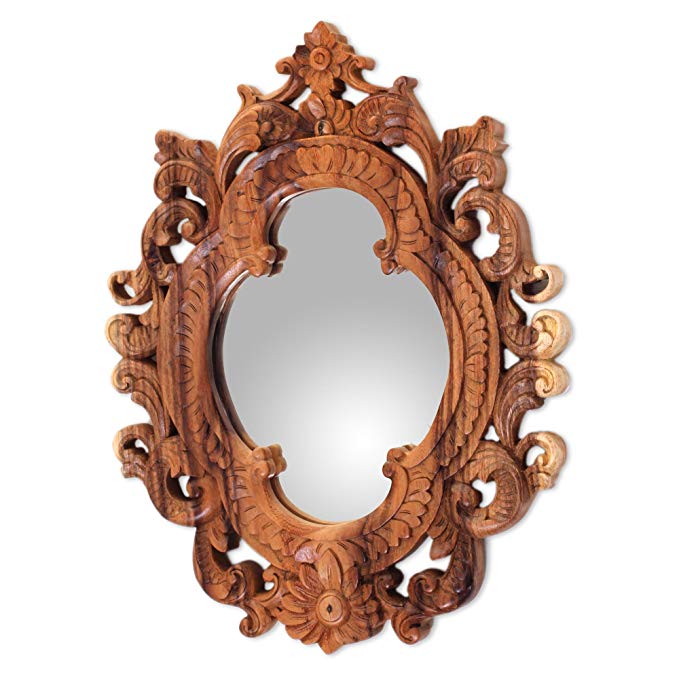 NOVICA Natural Suar Wood East Meets West Hand Carved Wall Mirror From Indonesia 'Mataram Rococo'