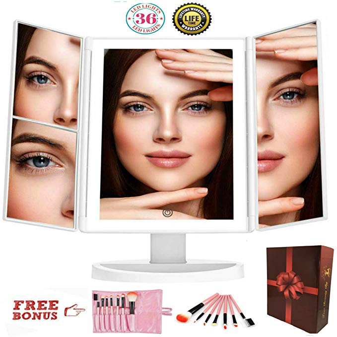 Vanity Makeup Mirror with Lights - Magnifying Mirror with 36 LED's - Tri Fold Lighted Cosmetic Mirror with Dual Power Touch Screen -Travel Mirror - Newer Version