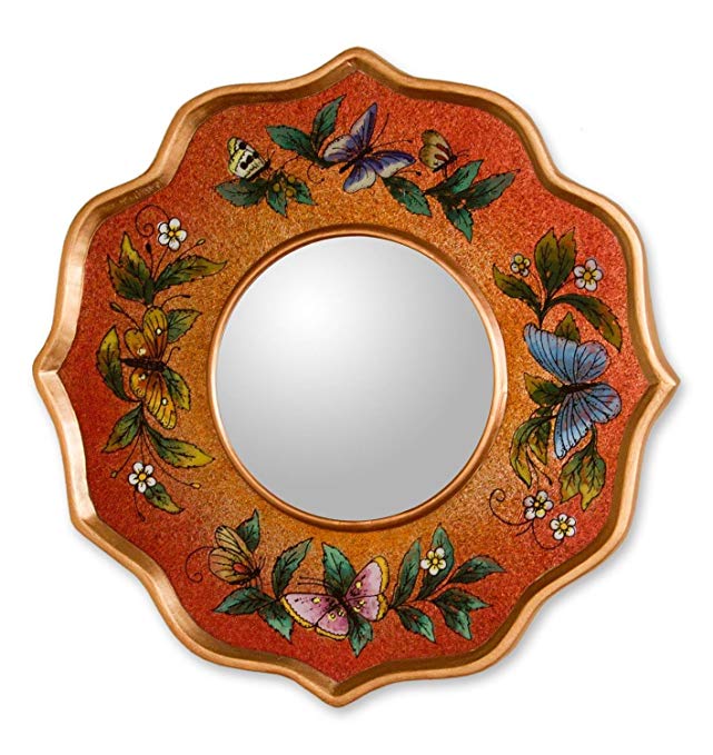 NOVICA Reverse Painted Wood and Glass Wall Mounted Mirror, Orange and Multicolor 'Carnelian Butterfly Sky'