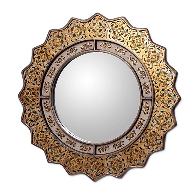 NOVICA Reverse Painted Glass Frame Golden Sunburst Wall Mounted Round Mirror, Marigold'