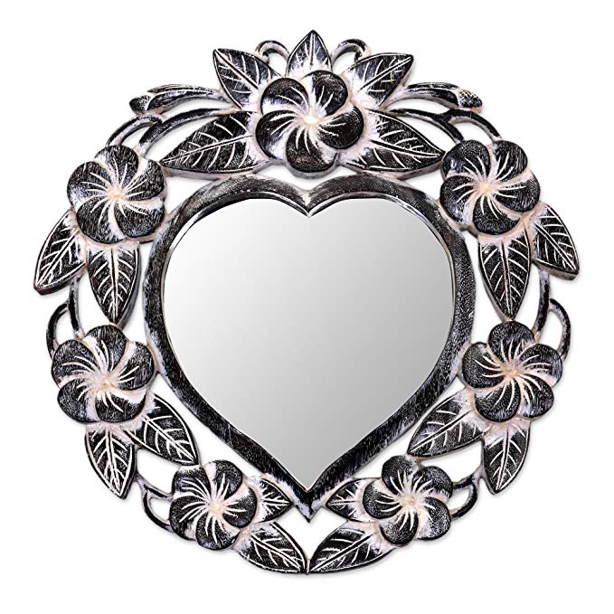 NOVICA Hand Carved Natural Suar Wood Heart Shaped Floral Wall Mirror from Indonesia 'Frangipani Heart'