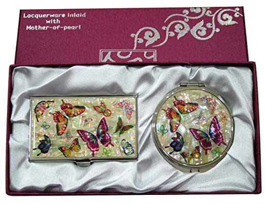 Mother of Pearl Compact Mirror Business Credit Name Card Holder Set Stainless Steel Black Butterfly Design