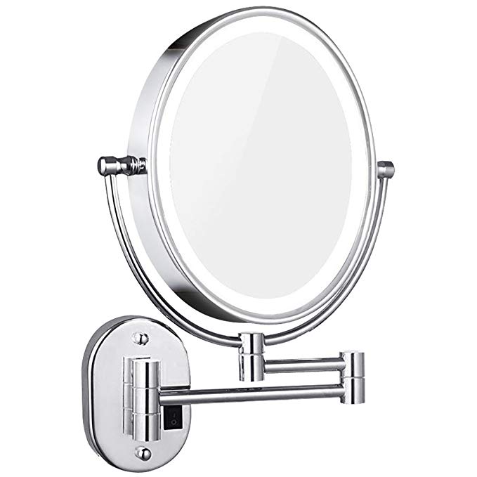 DOWRY Lighted Magnifying Mirror Wall Mounted Oval,Double Side 1X & 7X Adjustable Makeup Mirror, 8 inch, Chrome, with European Plug (Dowry1810D-8x7)