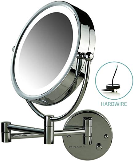 Ovente Lighted Wall Mount Mirror, 8.5 Inch, Dual-Sided 1x/7x Magnification, Hardwired Electrical Connection, Natural White LED Lights, 9-Watts, Polished Chrome (MPWD3185CH1X7X)