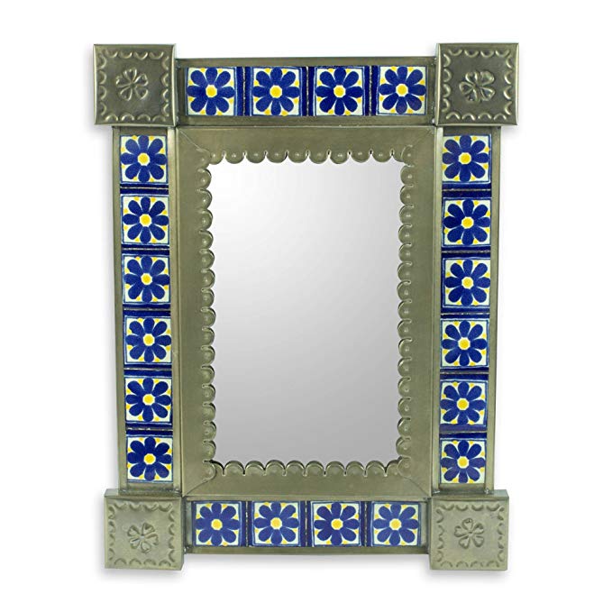 NOVICA Floral Ceramic and Tin Wall Mounted Mirror, Blue, 'Mexican Wildflowers'