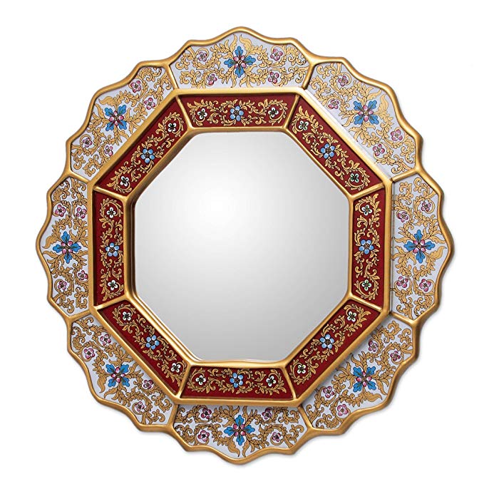 NOVICA White and Red Reverse-Painted Glass and Wood Framed Wall Mounted Round Mirror, White Star'